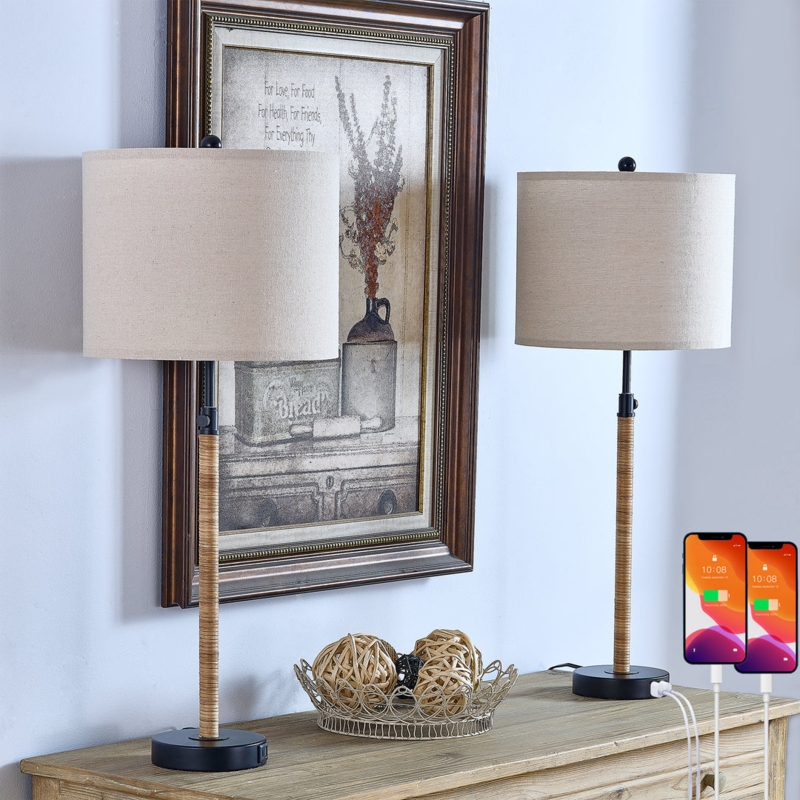 Rattan and Metal Table Lamp Black Tapered Cage Base with USB Port