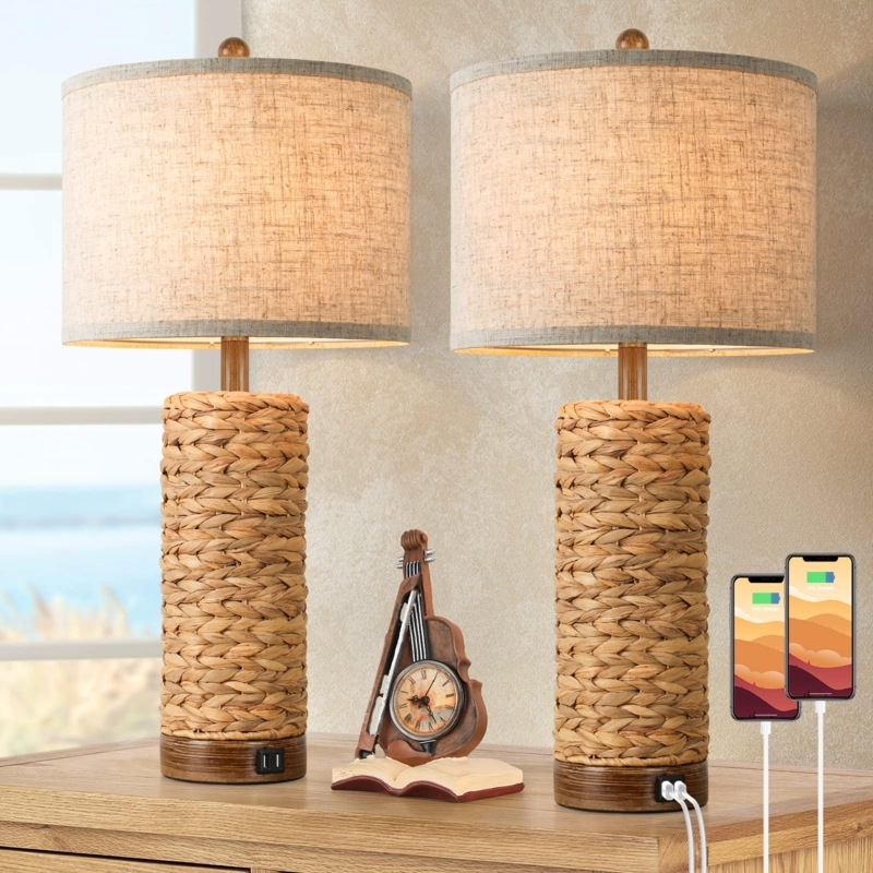 Rattan Table Lamp with White Drum Shade & USB Ports