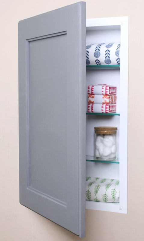 Recessed Medicine Cabinet with Shaker Panel Door for Clean Bathroom Storage.