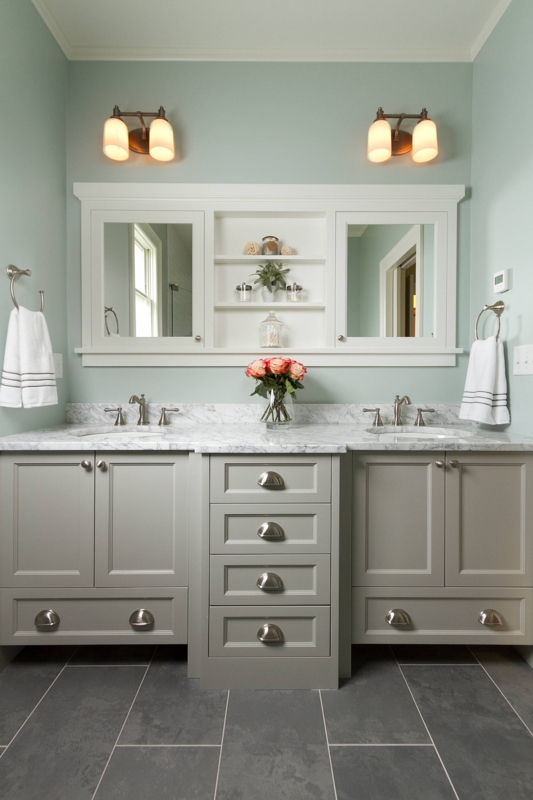 Recessed Medicine Cabinets styled over Wood Tone Double Vanity.