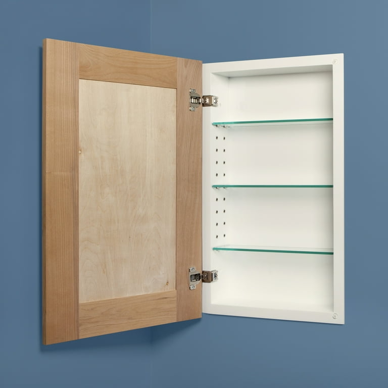 Recessed Open Shelving Medicine Cabinet, Four Compartments, Unfinished Wood.
