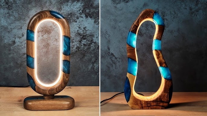 Rectangular Column Pillar Lamps Pair, Wood and Resin Fusion.