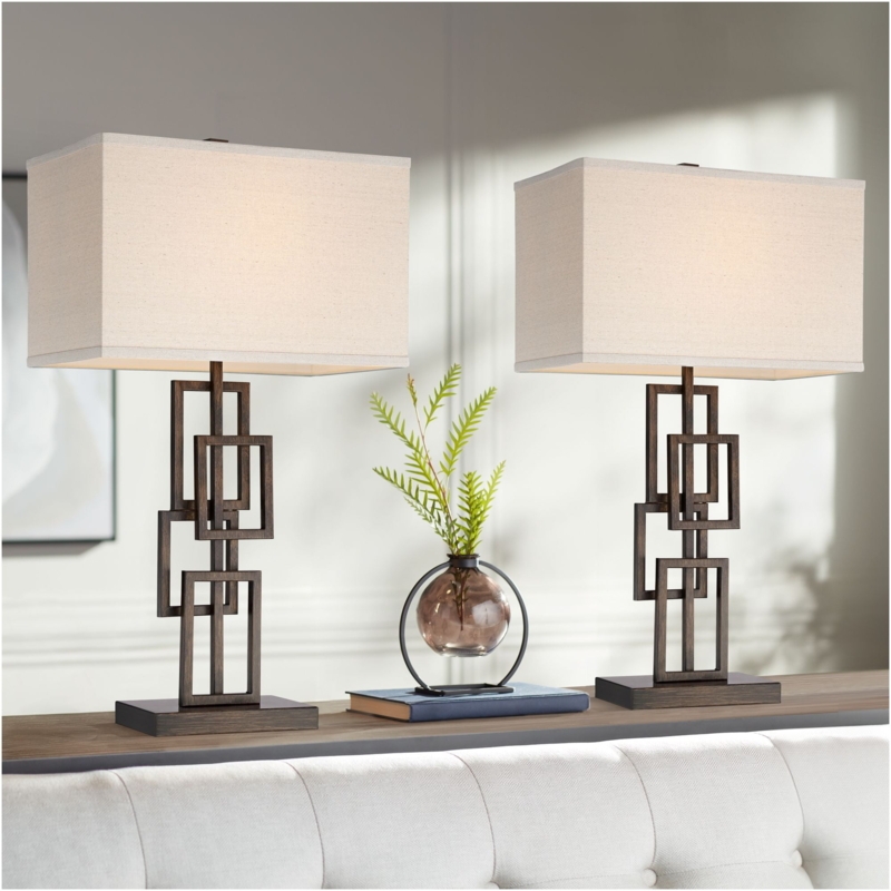 Rectangular Shade Table Lamp Set Dark Bronze Open Frame Linen