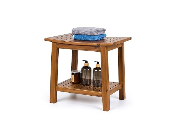 Rectangular Shower Bench with Slatted Seat and Teak-Style Finish