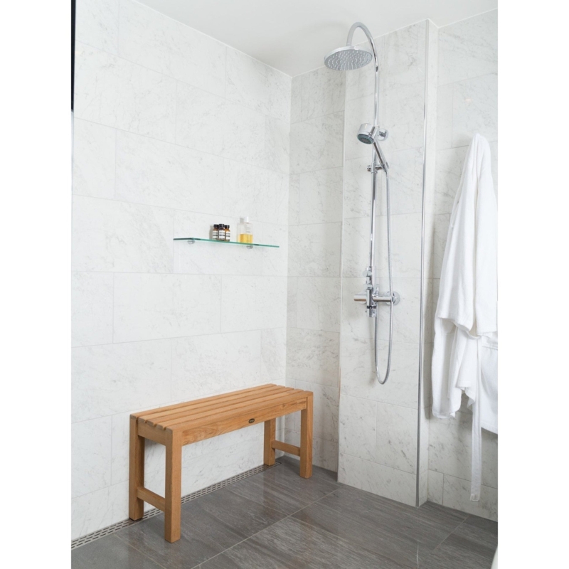Reddish Brown Shower Bench with Concave Slatted Seat and Storage Shelf
