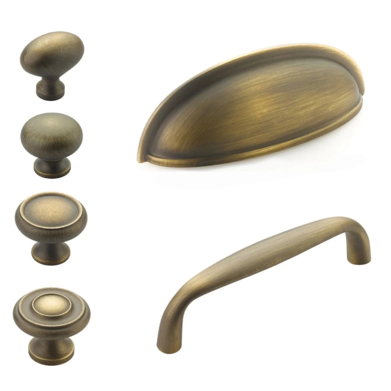 Reeded Cabinet Knob in Satin Antique Brass on Dark Teal Cabinetry