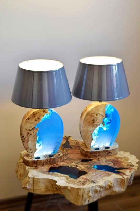 Resin Encapsulated Wood Pair, Rustic Block Bedside Lighting.