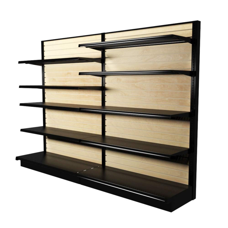 Retail Gondola Shelving with Light Wood Slatwall and Metal Frame