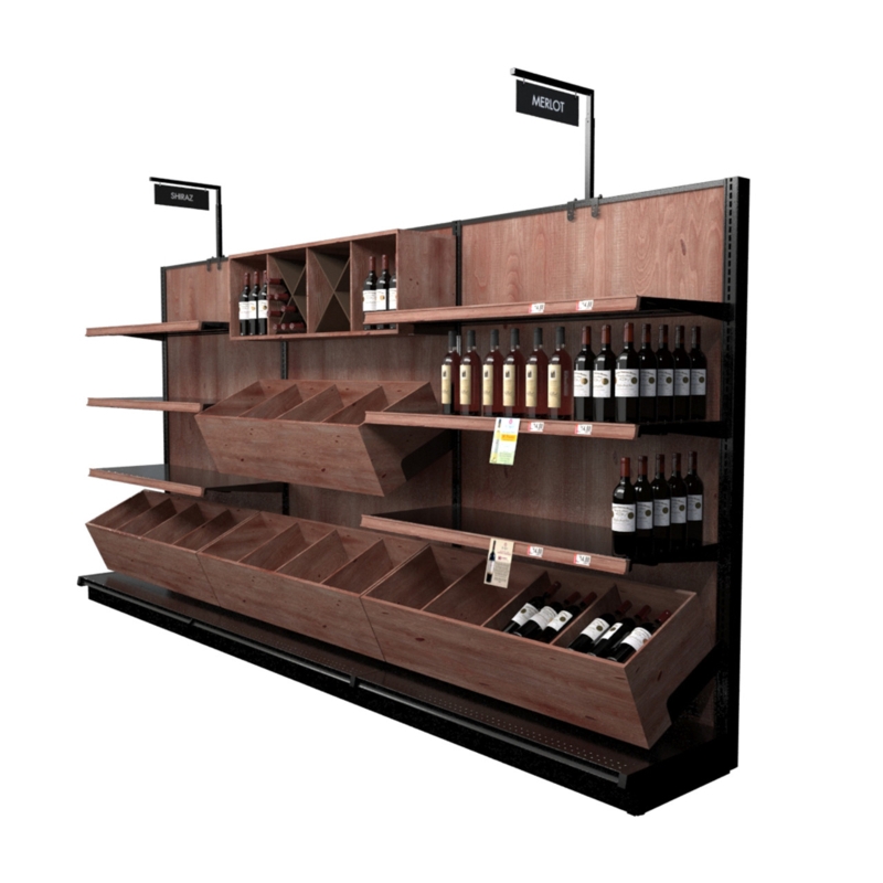 Retail Shelving Unit Wooden Gondola with Slanted Bottle Shelves