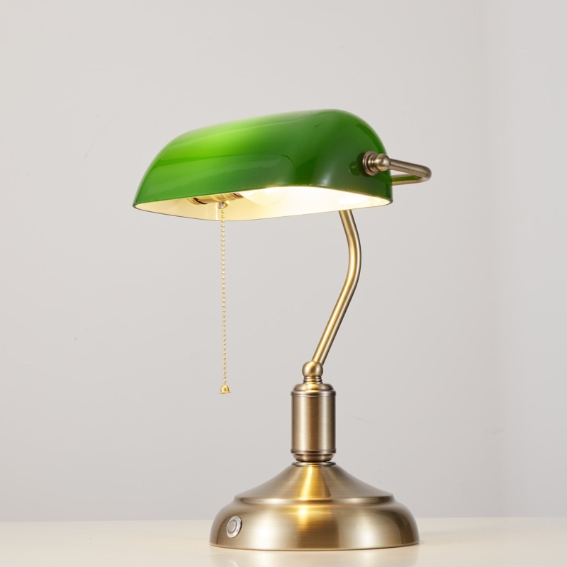 Retro Bankers Lamp Emerald Green Glass Antique Bronze Base Pivoting