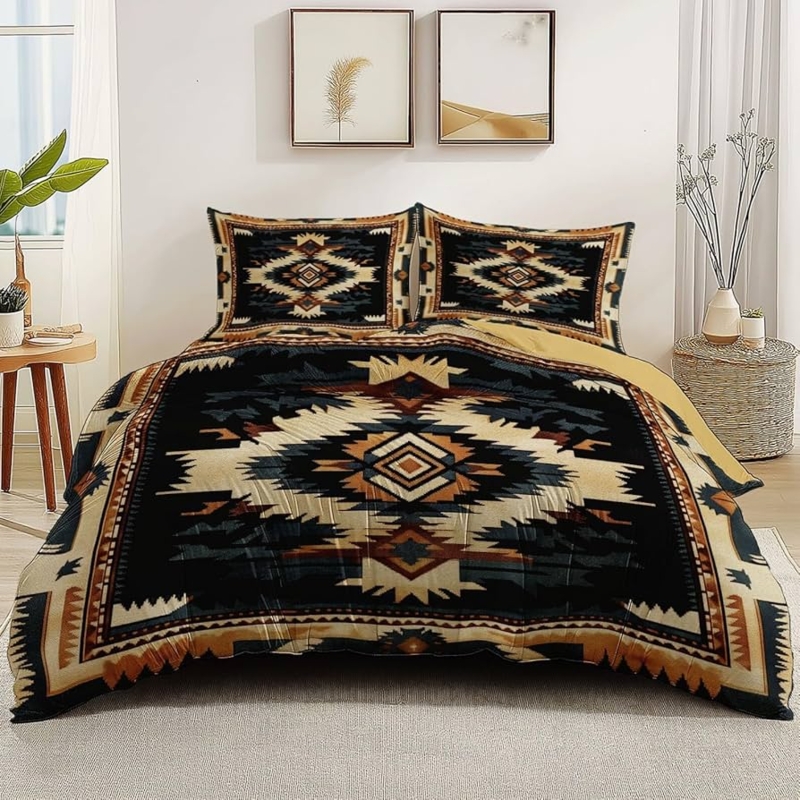 Retro Duvet Cover Set Navy Terracotta Geometric Tile Pattern Print