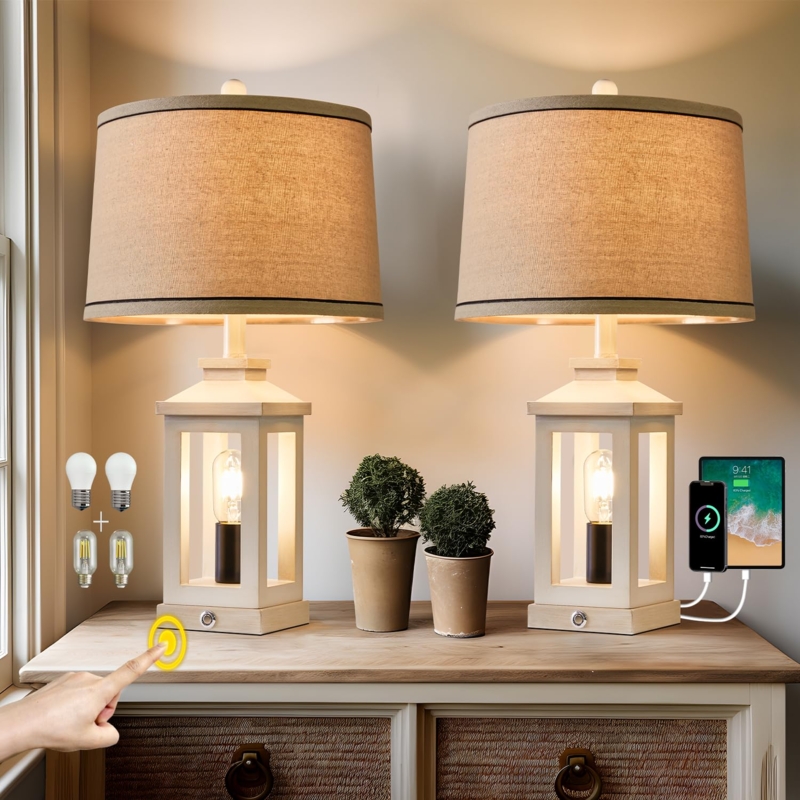 Retro Farmhouse Lantern Base Table Lamps Set with Nightlight and USB