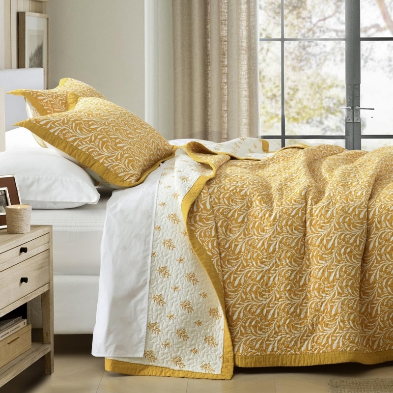 Reversible Botanical Quilt Set, Mustard Yellow Reverse for Farmhouse Style