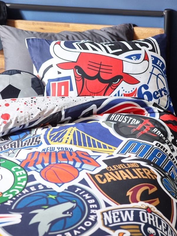Reversible Duvet Cover Set, NBA Logo Collage Print on White Cotton
