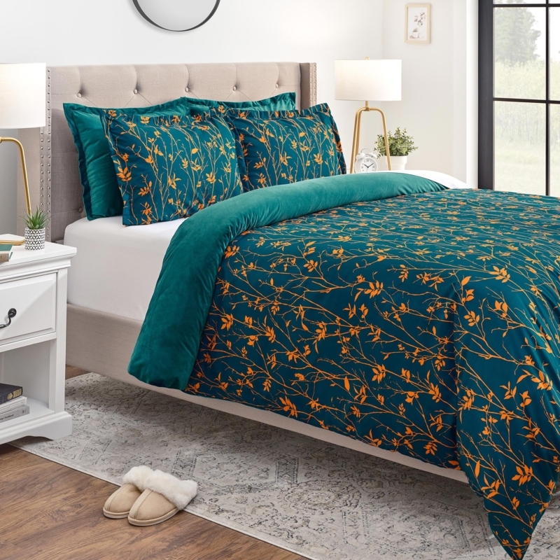 Reversible Velvet Duvet Cover Set Teal Yellow Bramble Foliage Print