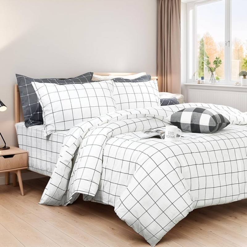 Reversible White Grid Duvet Cover Set Checkered Pattern