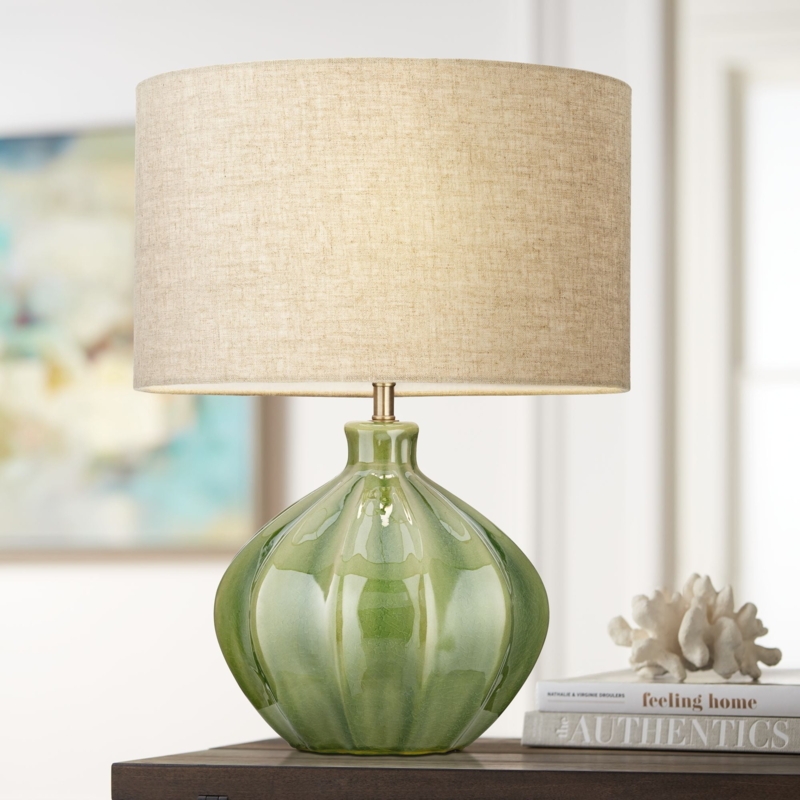 Ribbed Ceramic Table Lamp Sage Green Oatmeal Drum Shade