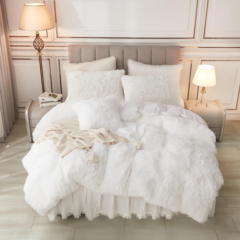 Ribbed Faux Fur Duvet Cover Set, Cozy White Shaggy Bedding