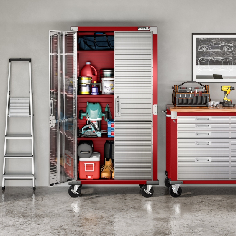 Rolling Storage Cabinet Solid Wood Top Red Powder Coated Mobile Workbench