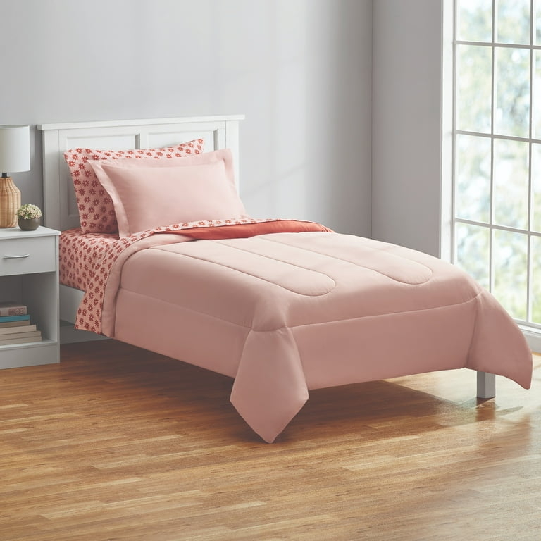 Rose Pink Reversible Comforter Set, Geometric Print Sheets Contemporary.