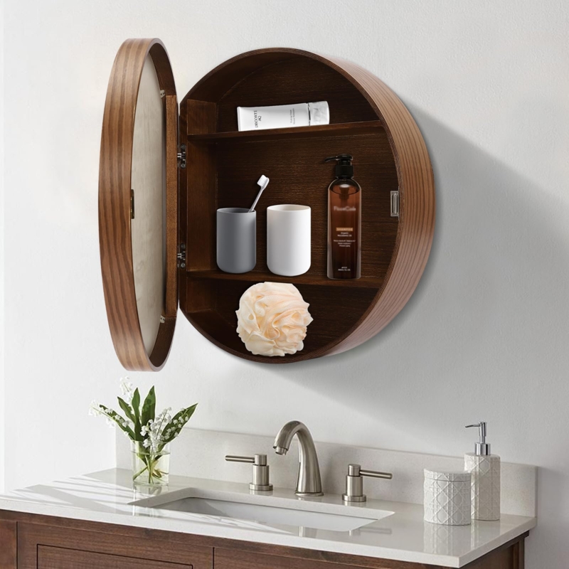 Round Wood Medicine Cabinet with Sliding Mirror Mechanism