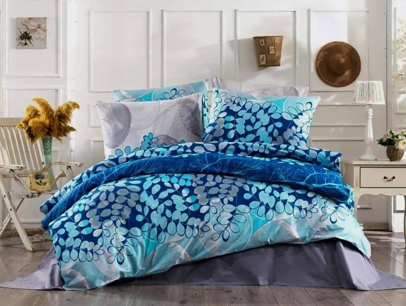 Royal Blue Floral Duvet Cover Set, Small Botanical Print, Cottage Style.