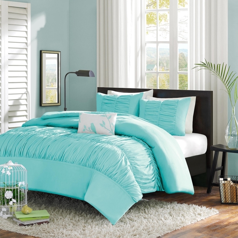 Ruched Fabric Comforter Set, Mint Blue, Cozy Contemporary Style