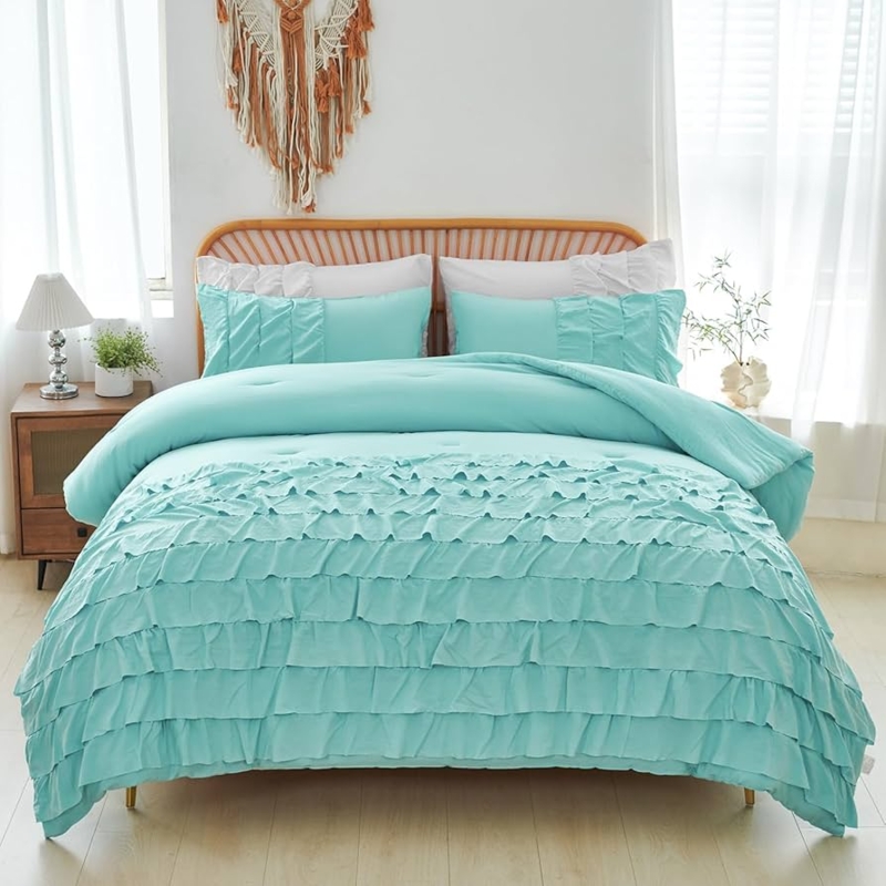 Ruffled Comforter Set, Multi-Layer Design, Washed Fabric, Farmhouse