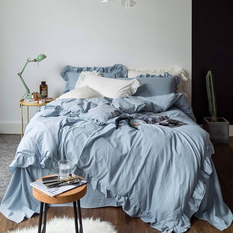 Ruffled Duvet Cover Set with Washed Texture for Vintage Romantic Bedding.