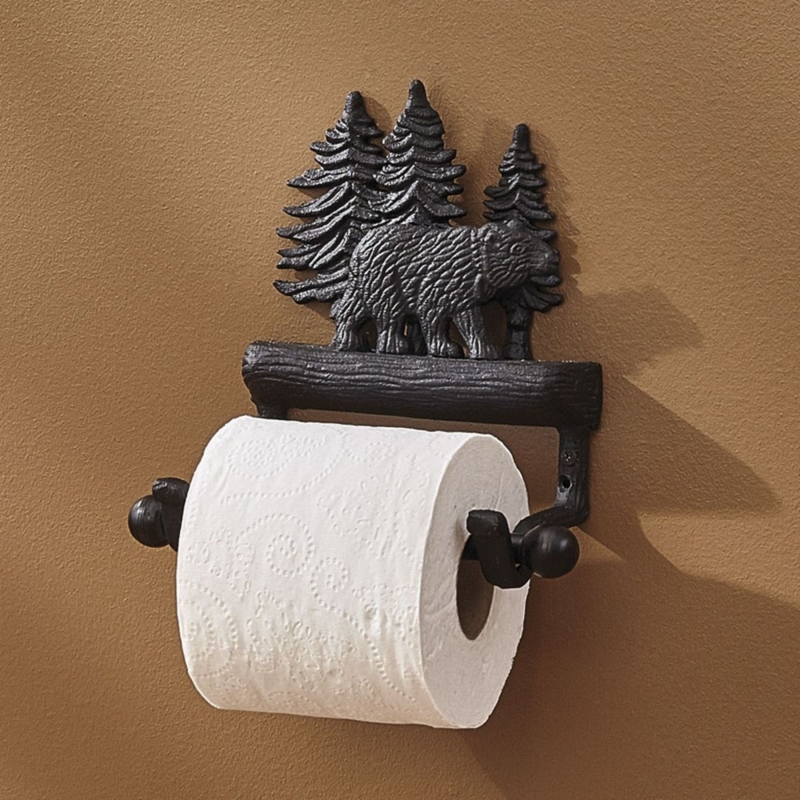 Rustic Black Bear Toilet Paper Holder Sculpted Details Lodge Decor