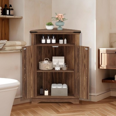 Rustic Brown Corner Cabinet with Barn Door Front X Brace Design