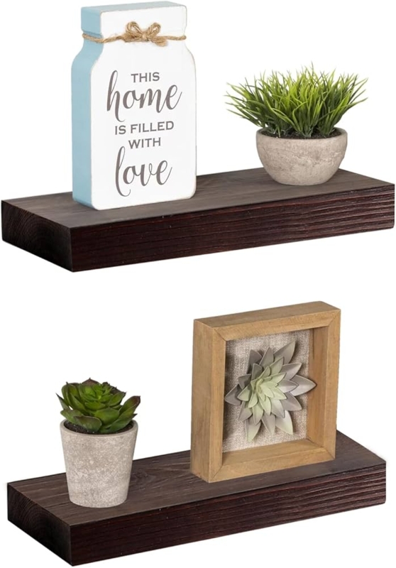 Rustic Dark Wood Floating Shelf Set with Narrow Depth Profile