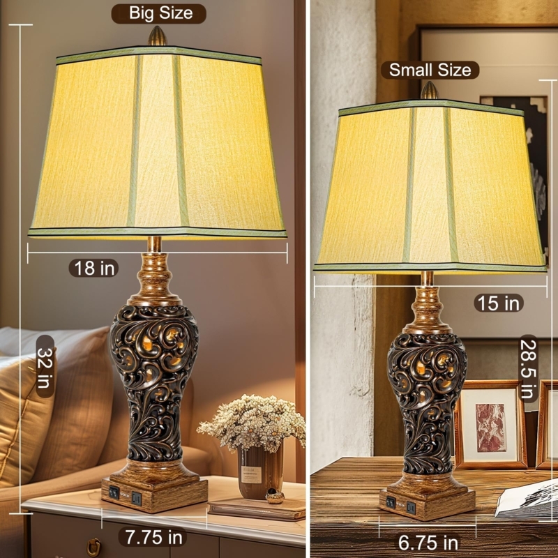 Rustic Distressed Urn Table Lamp Set Built In Nightlight and USB Port