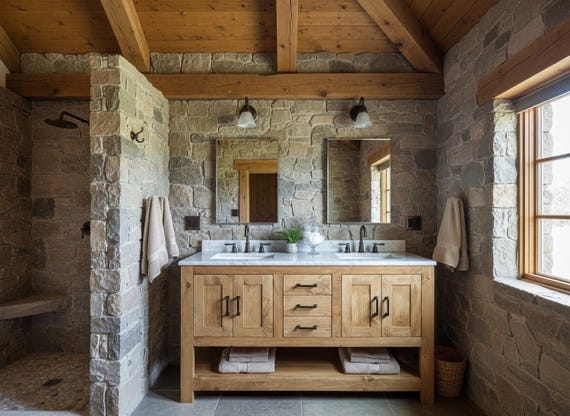 Rustic Double Vanity, Natural Wood Grain, Vessel Sinks, Slatted Shelf