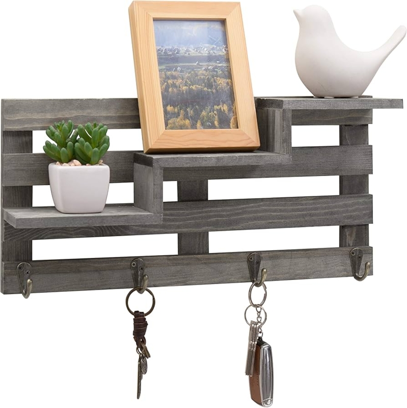 Rustic Entryway Key Rack with Stair Step Shelves in Distressed Gray