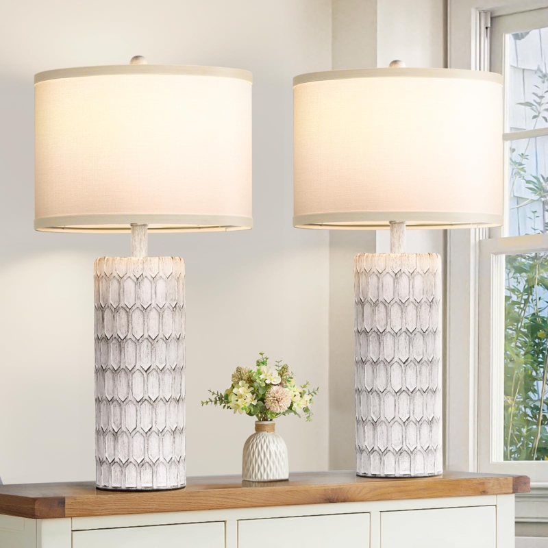 Rustic Farmhouse Table Lamp Distressed White Spindle Base Weathered