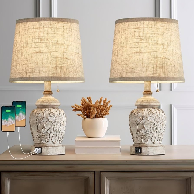 Rustic Farmhouse Table Lamp Set: Distressed Beige Bases, Linen Shades