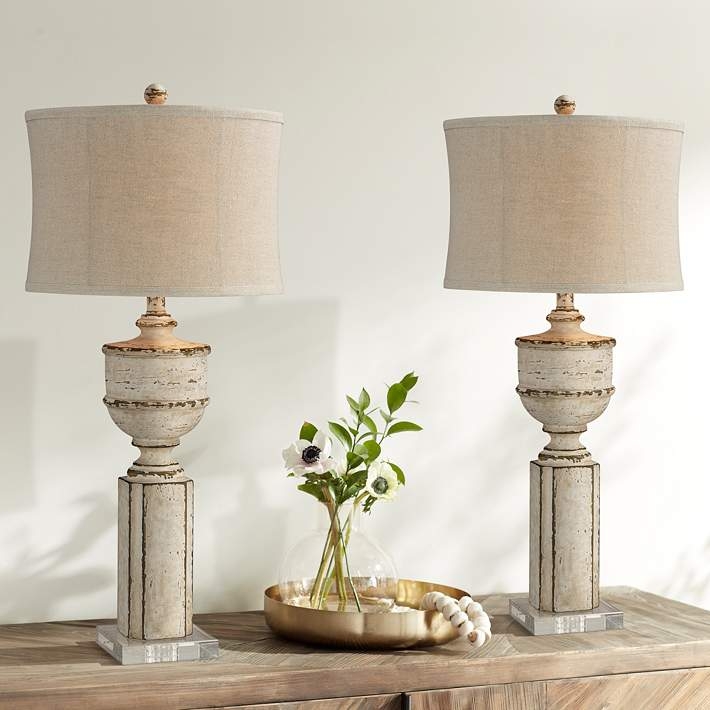 Rustic Farmhouse Table Lamp Set: Tall Distressed Cream Urn Bases