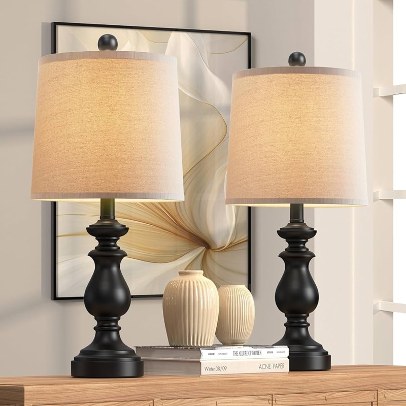 Rustic Farmhouse Table Lamp Set, Textured Black Urn Base, Linen Shade