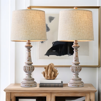 Rustic Farmhouse Table Lamps Set, Distressed Gray Urn Bases.
