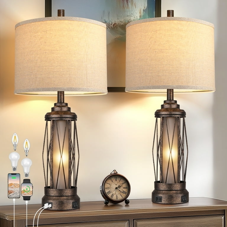 Rustic Farmhouse Table Lamps with Lantern Base and Frosted Nightlight.