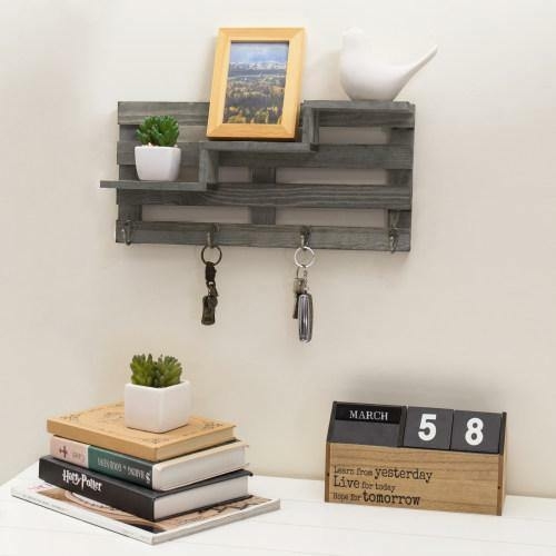 Rustic Grey Entryway Wall Shelf with Staggered Design & Key Hooks