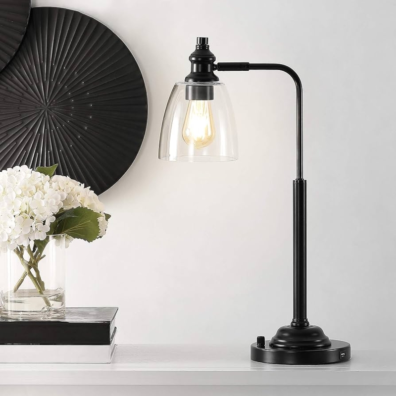 Rustic Industrial Table Lamp Curved Arm Clear Glass Bell Shade