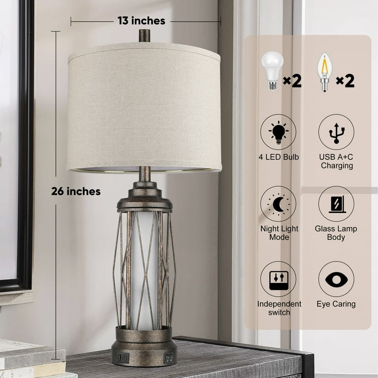 Rustic Industrial Table Lamps with Cage Design and Dual Light Source.