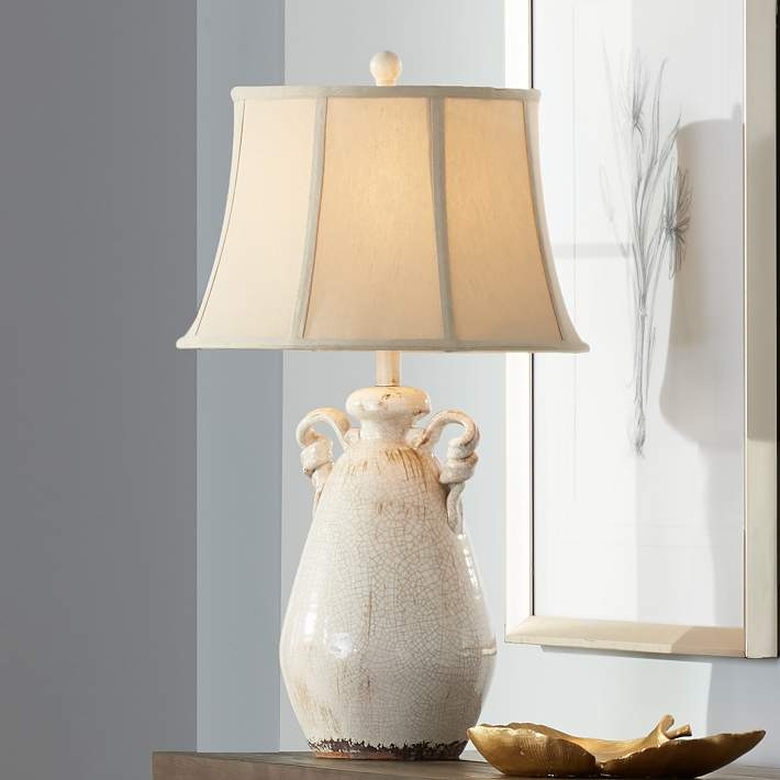 Rustic Jar Table Lamp, Distressed Finish, Dual Handles, Speckled Pattern.