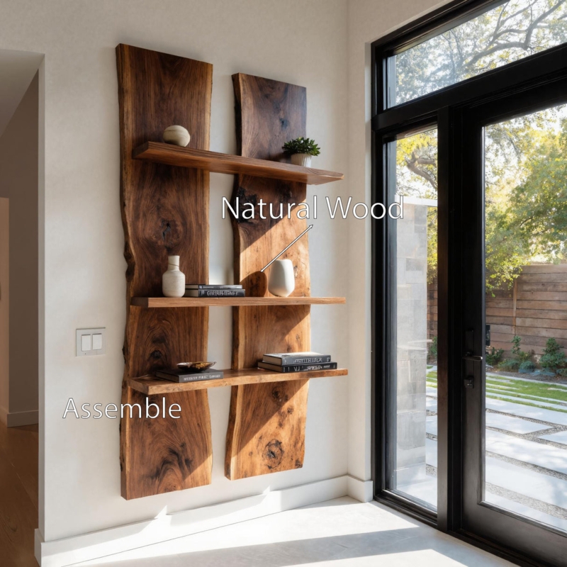 Rustic Live Edge Wall Shelf with Integrated Black Metal Hooks