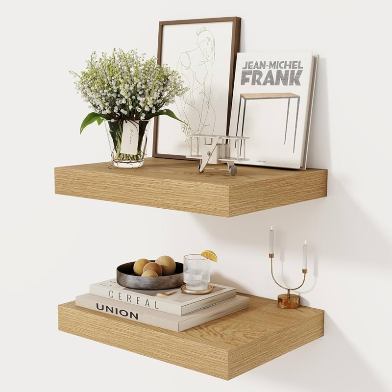 Rustic Natural Oak Floating Shelves featuring Thick 2-Inch Profile