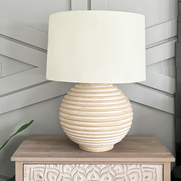 Rustic Pottery Table Lamp: Distressed Stone-Like Base, Linen Shade
