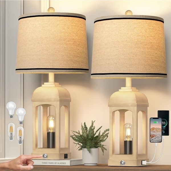 Rustic Table Lamp Set with Distressed Urn Base and Linen Shades