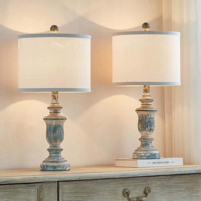 Rustic Table Lamp, Weathered Stone-Like Jug Base, White Drum Shade
